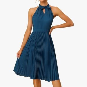NWT Allegra K Women’s Pleated Tie Halter Neck Sleeveless Chiffon Dress